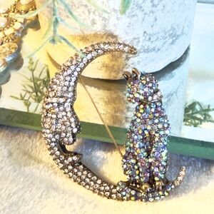 Silver and Blue Crystal Moon and Cat Brooch